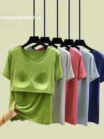 Loose Modal T-irt Women's Spring Summer round Ne ort Sve Built-in Bra Pad Top Size Large Casual Sle Base irt