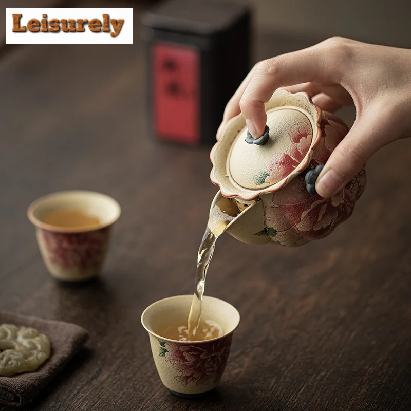 Kiln Fambe Firestone Red Peony Tea Set Complete Set Boutique Tea Ceremony Set Household Teapot And Tea Cup Set Teaware Craft