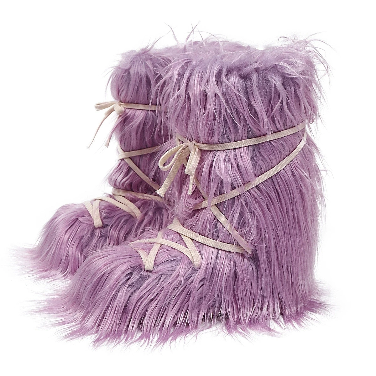 Pink Green Women Fur Boots Winter Luxury Fluffy Furry Faux Fur Snow Boots Woman Cross-Strap Platform Mid-Calf Boots Ski Boots