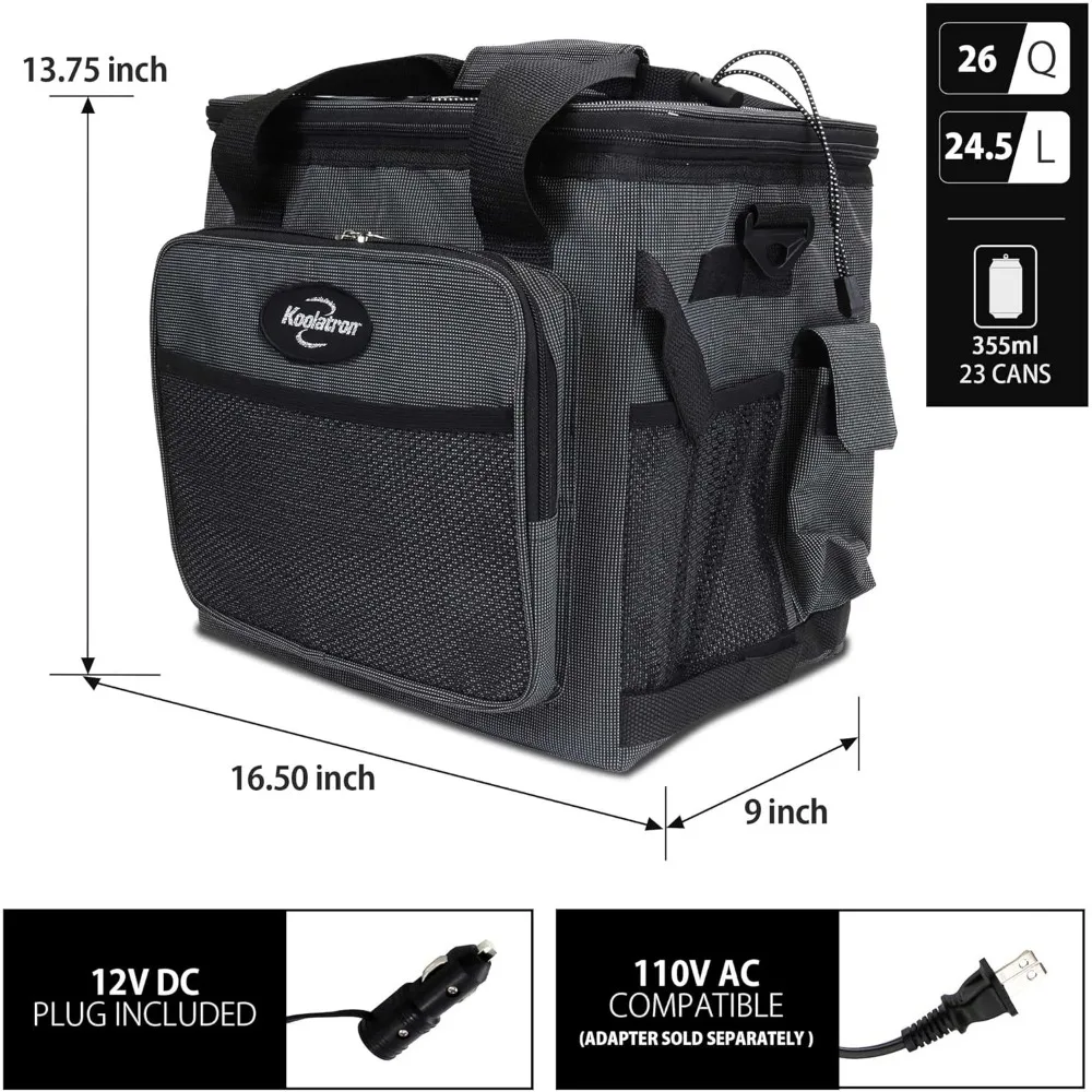 Electric Portable Cooler Plug in 12V Car Cooler Bag, 26 qt (25 L) Black/Gray Soft-Sided Portable Car Fridge