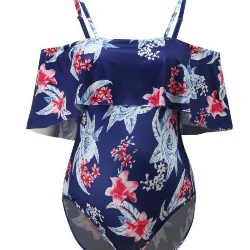 Womens Girls Maternity Tankinis Women Flower Print Bikinis Swimsuit Beachwear Pregnant One-Shoulder Ruffle Pregnant Swimwear