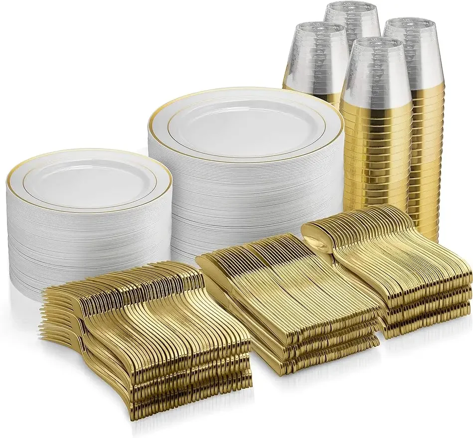 Description Picture 2 of item600 Piece Gold Plastic Dinnerware Set,Disposable-100 Rim 10 inch and 7 Inch Plates,300 Gold Silverware,100 Cups For 100 Guests