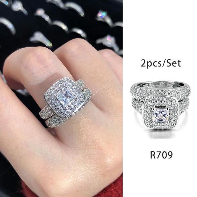 Luxury Diamond Promise Ring Set for Women Bridal Silver Color Big Zircon Proposal Marriage Wedding Cocktail Ring Jewelry