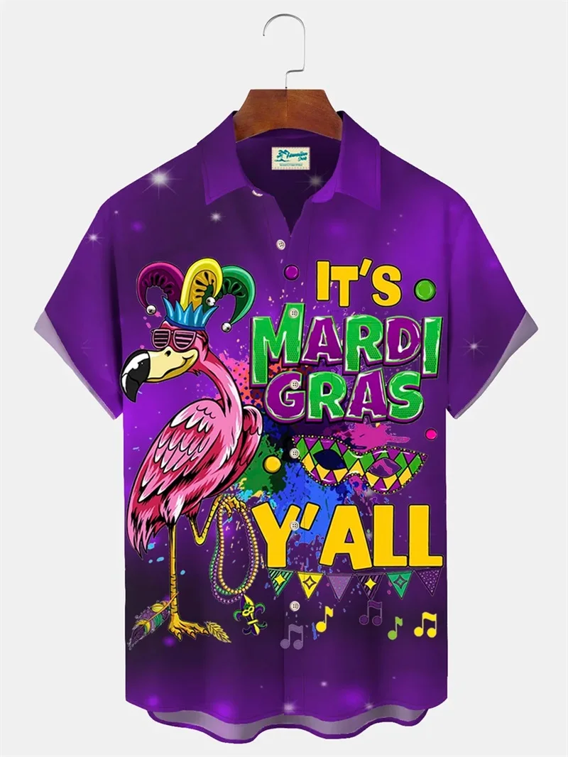 thumbnail image 1 of Camisa de Mardi Gras para hombre 2024, camisas casuales de manga corta con estampado 3D, ropa de calle, camisas hawaianas holgadas de talla grande para hombre, camisetas, 1 of 4