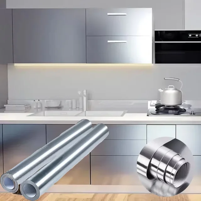 วอลเปเปอร์ติดด้วยตนเองสีเงินขัดเงาขนาด 40 ซม. ทนไฟและกันน้ําตู้เย็นที่ทันสมัยห้องนั่งเล่นเคาน์เตอร์ครัว 1