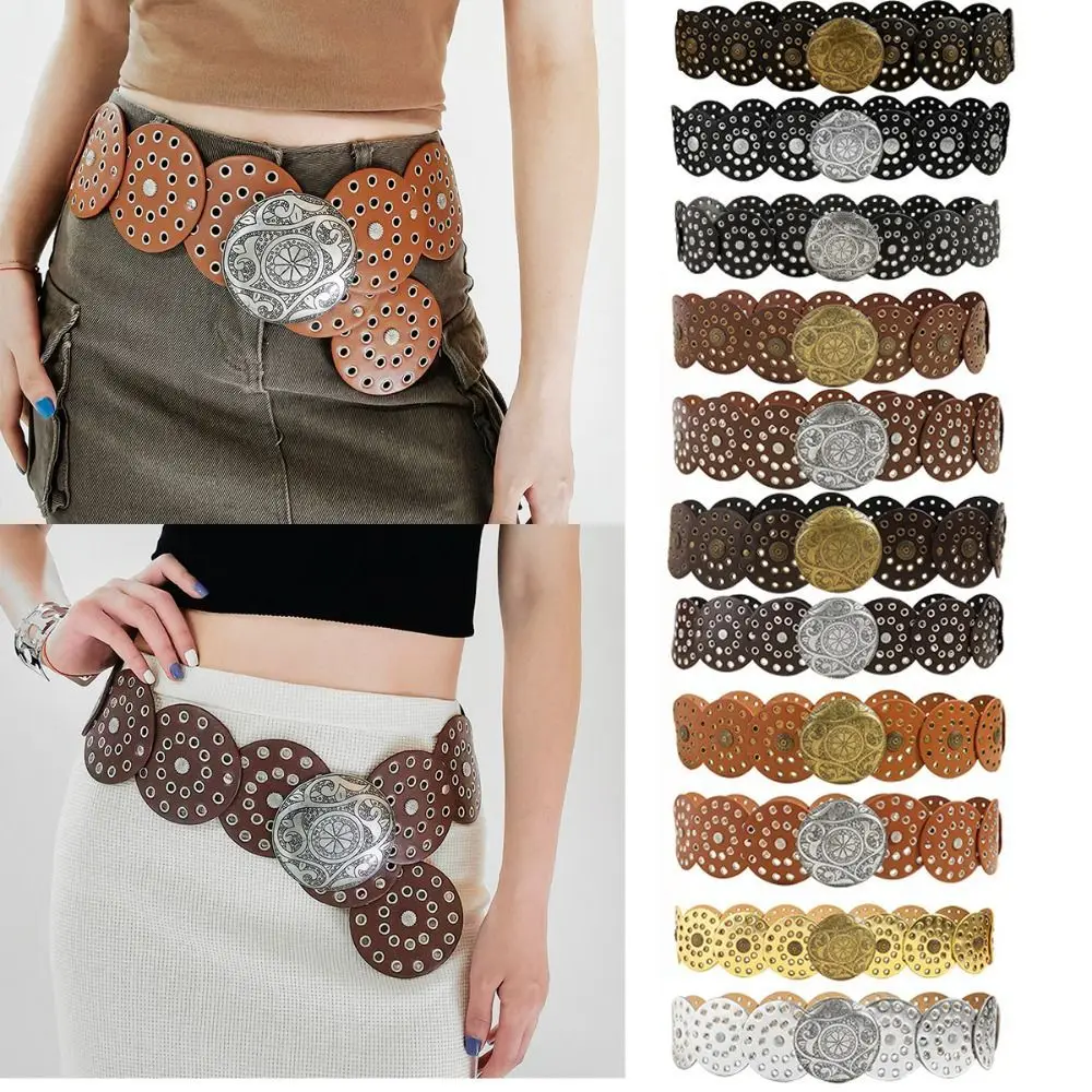 Runder Hohl gürtel Vintage Pu Disc breite Gürtel Metalls chnalle Cowboy Western-Stil übertrieben für Frauen verstellbar