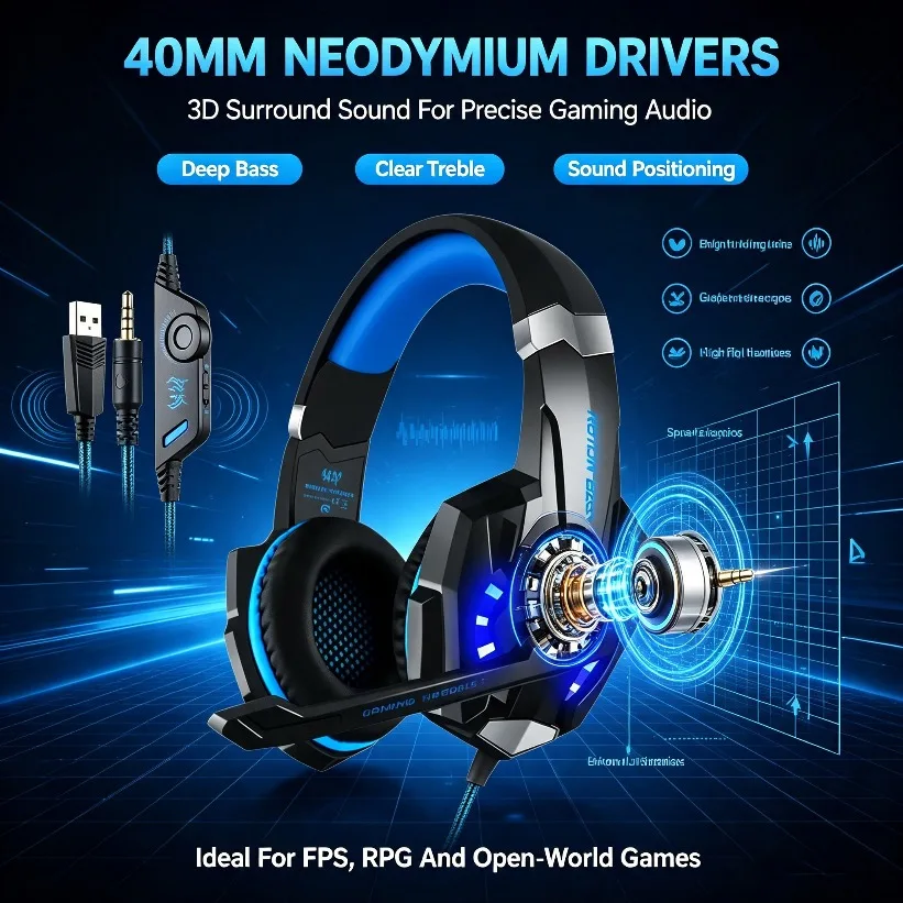 Enhanced 3D Surround RGB LED Gaming Headset with Noise-Cancelling Microphone and Memory Foam Comfort