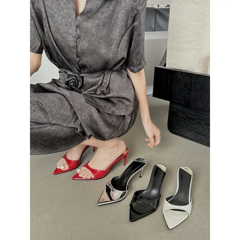 

Sexy Thin Heels Slipper For Women Summer Fashion Pointed Toe Slides Stripper Party Sandal Mule Shoes Zapatillas Mujer