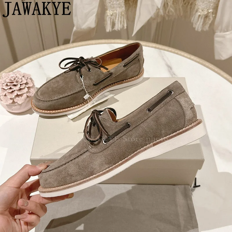 

2024 Hot Sale Lace up Doudou Shoes Women Suede Leather Casual Fashion Loafers Shoes Men Runway Business Walk Flat Shoes Woman