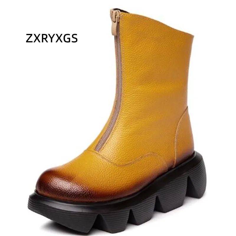 

ZXRYXGS Premium Cowhide In-tube Boot Women Boots Platform Non-slip Martin Boots 2023 Elegant Increase Shoes Warm Winter Boots