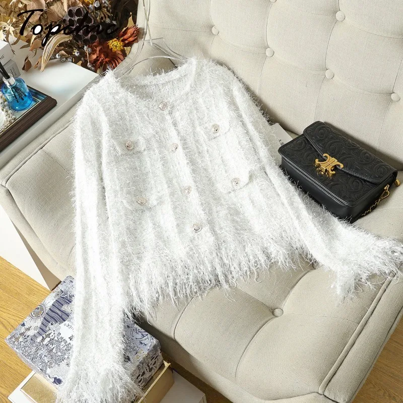 

Korean Fashion Tassel Tops for Women 2023 Autumn Winter Elegant O-neck White Black Cardigan Para Mujer Knitted Sweaters Femme