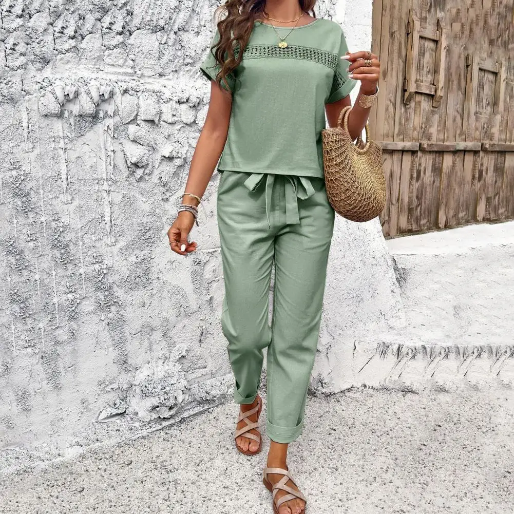 

Two-piece Suit Set Elegant Lace-up Waist Women's Top Pants Set with Hollow O Neck Pockets Casual Loose Fit T-shirt for Daily