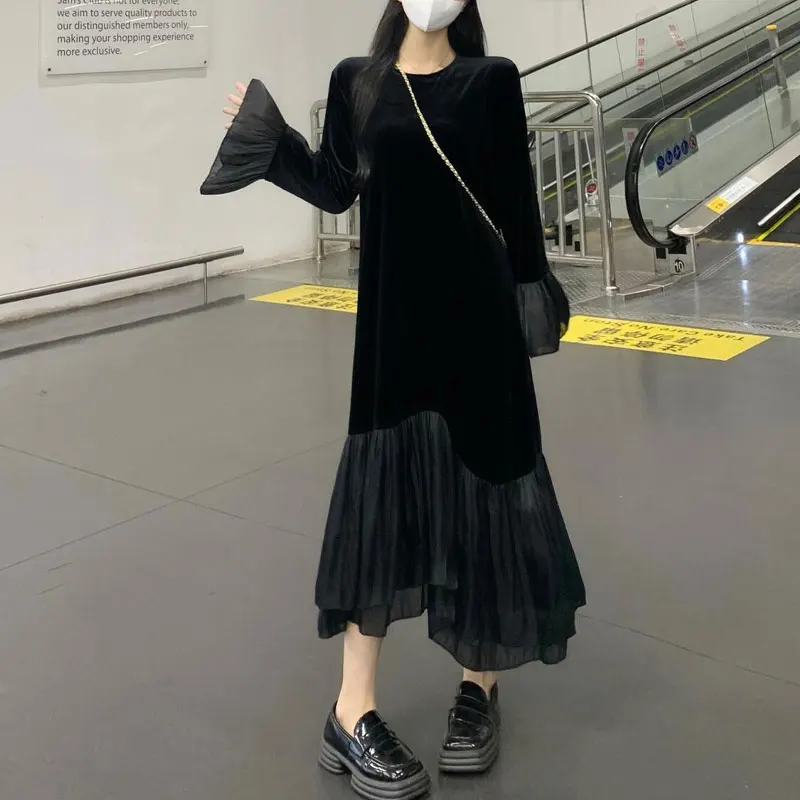 فستان نسائي متوسط الطول بأكمام مضيئة أحادية اللون...