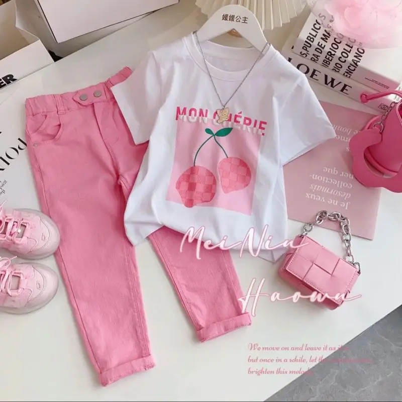 

Retail New Baby Girls Summer Cute Teenage Sets, Cartoon T-shirt + Pink Jean Pants 4-10 T