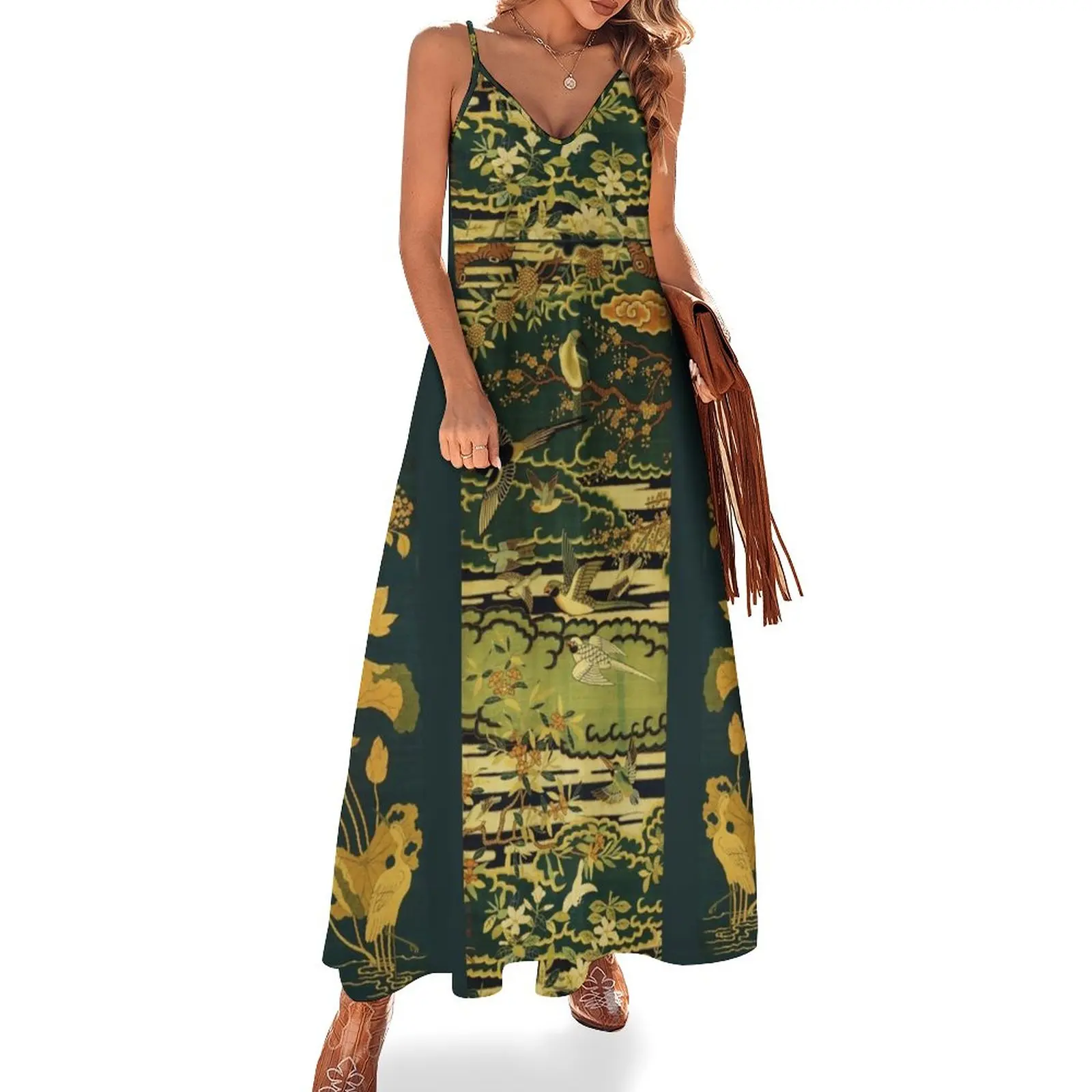 

New Birds,Phoenix Flowering Tree Branches Against Clouds,Egret,Lotus,Green Gold Yellow Floral Sleeveless Dress prom dresses 2023