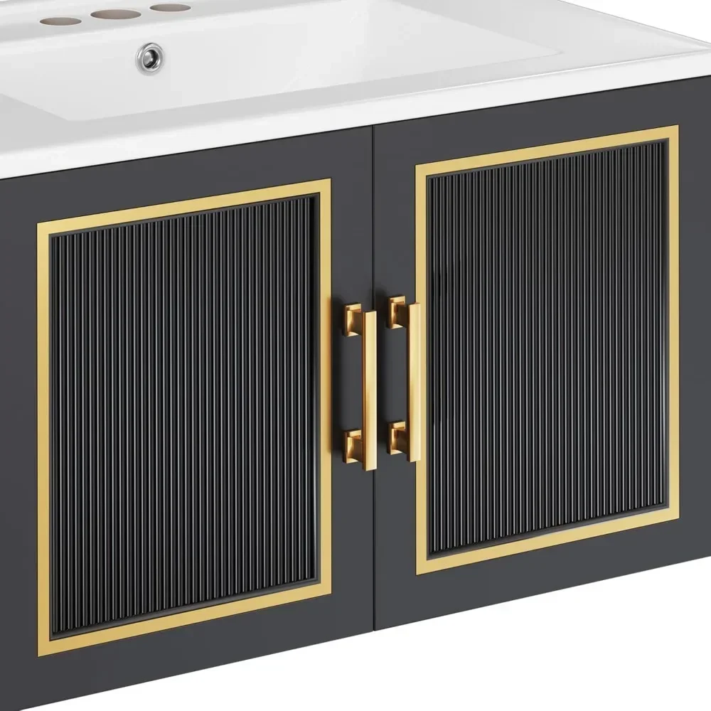 30" Bathroom Vanity with Ceramic Sink, Floating Vanity with Cabinet,with Soft Closing Doors & Gold Metal Handle, Black 5