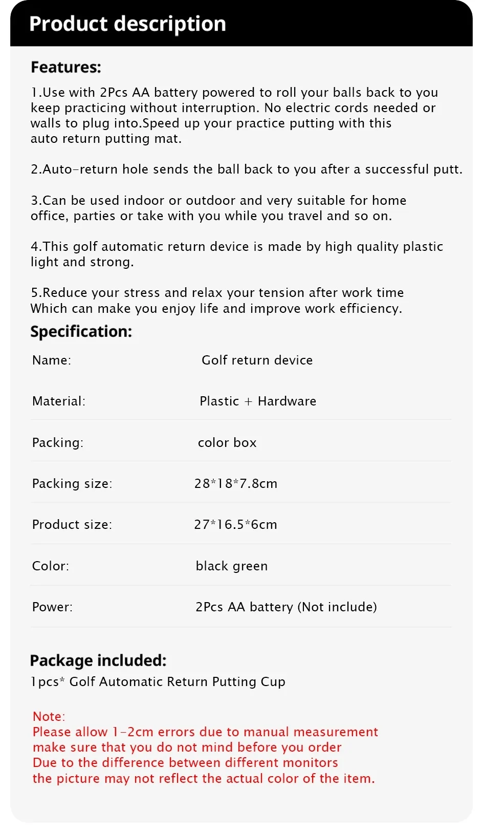 Description Picture 2 of itemGolf Training Ball Return Machine Automatic Putting Cup Practice Golf Aids Supplies Office Indoor Outdoor Golf Accessories
