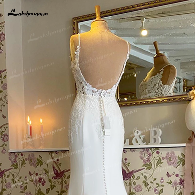 Lakshmigown Boho Mermaid Wedding Dress For Women Sexy Scoop Neck Spaghetti Straps Backless Customized Lace Appliques Bride Gown 4