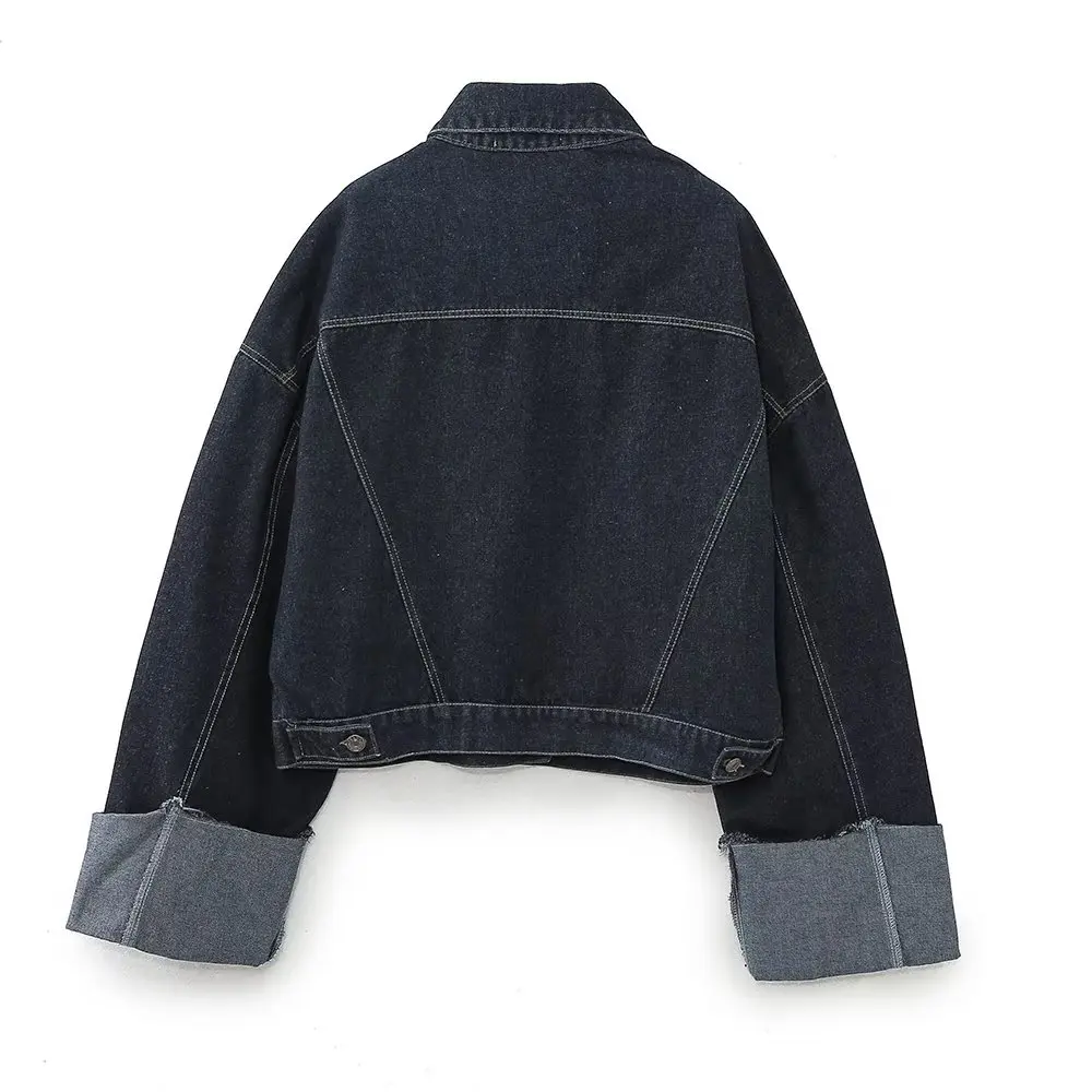 Herbst Mode Frauen Denim Hohe Taille Breite Bein Hosen + Weibliche Lange Hülse Mit Patten Taschen Abgeschnitten Mantel Zwei Stücke set – Detail 5