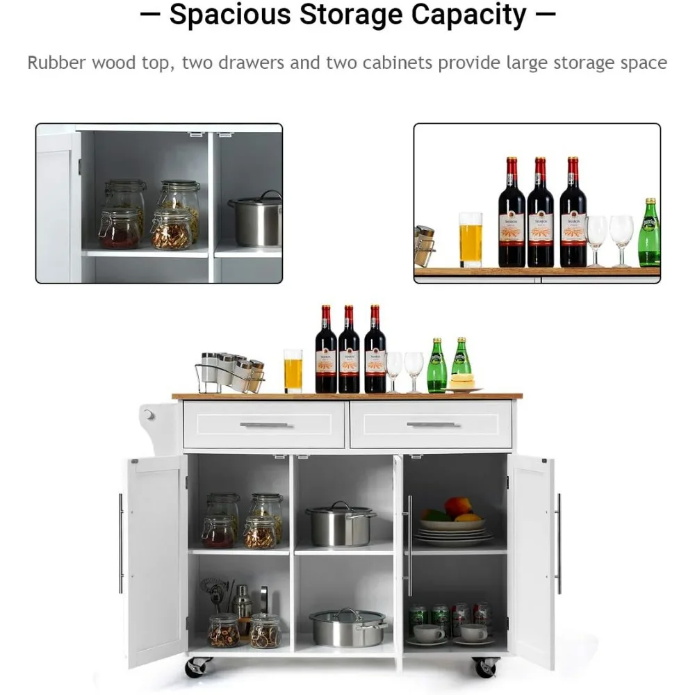 Kitchen Island Cart Rolling Storage Trolley Cart with Lockable Castors, 2 Drawers, 3 Door Cabinet, Towel Handle, Knife Block fo 4