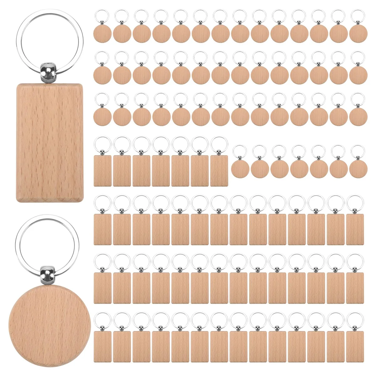 100Pcs DIY Blank Wooden Key Chain Rectangle Heart Round Ellipse Carving Key Ring Wood Key Chain Ring 2