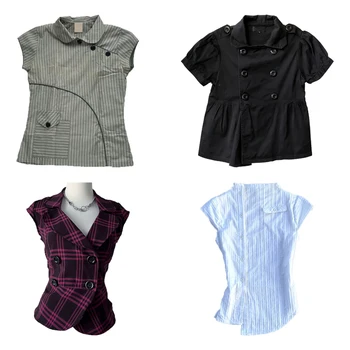 women's Y2k Turn-Down Collar shirt stylishly fitted and sexy, with buttons, short-sleeved T-shirt, summer Solid-color casual top 1