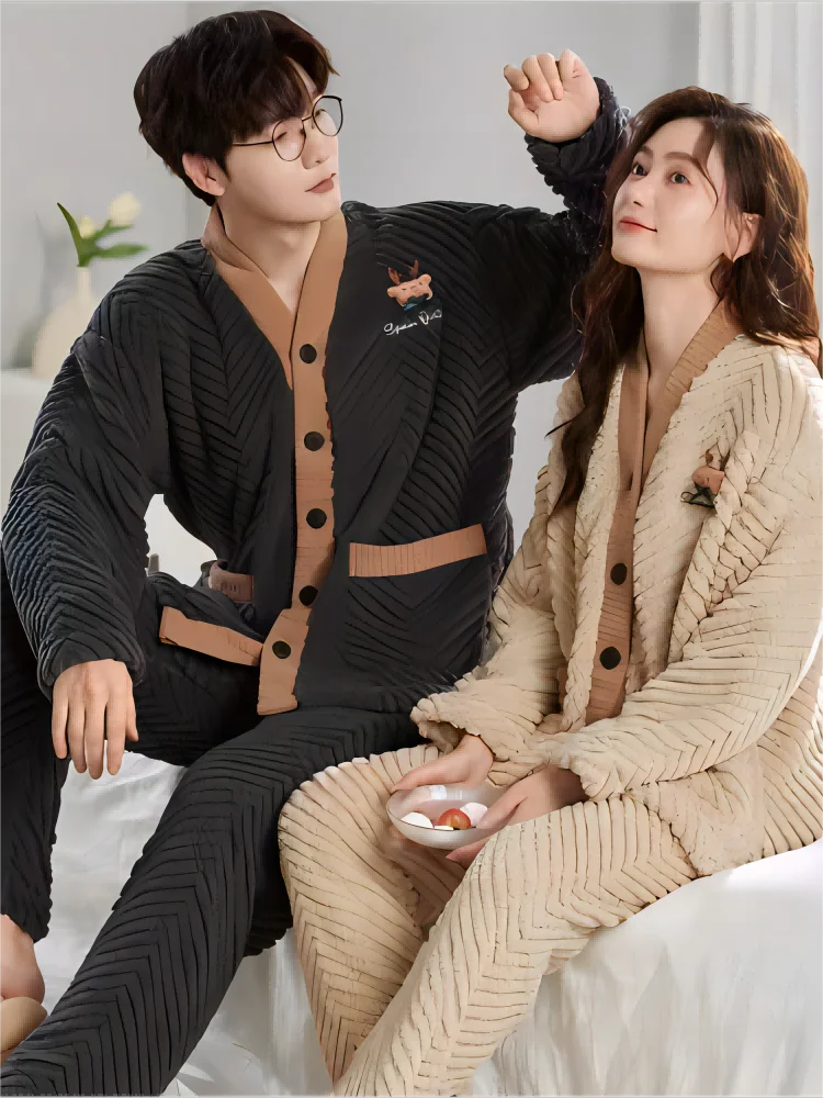 Couple Look Pijama Room Wear Winter Warm Sleepwear Big Size Pajamas Man Woman Set Korean Style Two Piece Nighty Dress Romantic
