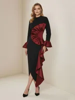 Freeacy Women's Black Red Ruffled Dress High Neck Long Sleeves High Waist Slim Fit Midi Dress Female Elegant Evening Dresses - Image 4