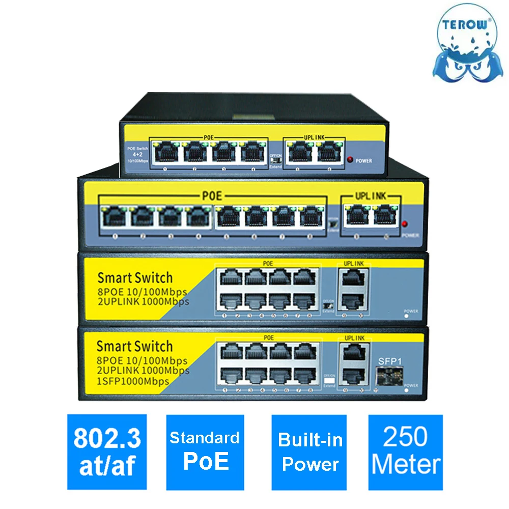 Terow-poe Gigabit Switch Poe Padrão para Câmera ip Proteção contra Raios Uplink ou Sfp 100 Mbps 1000mbps 250m