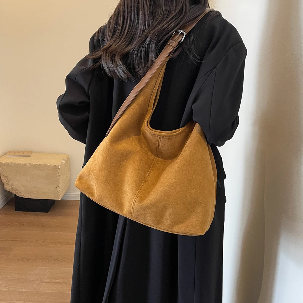 Women Suede Shoulder Bag Fashion Tote Bag Solid Color Stylish Crossbody Bag Adjustable Strap Top Handle Bag Daily Commuting Bag