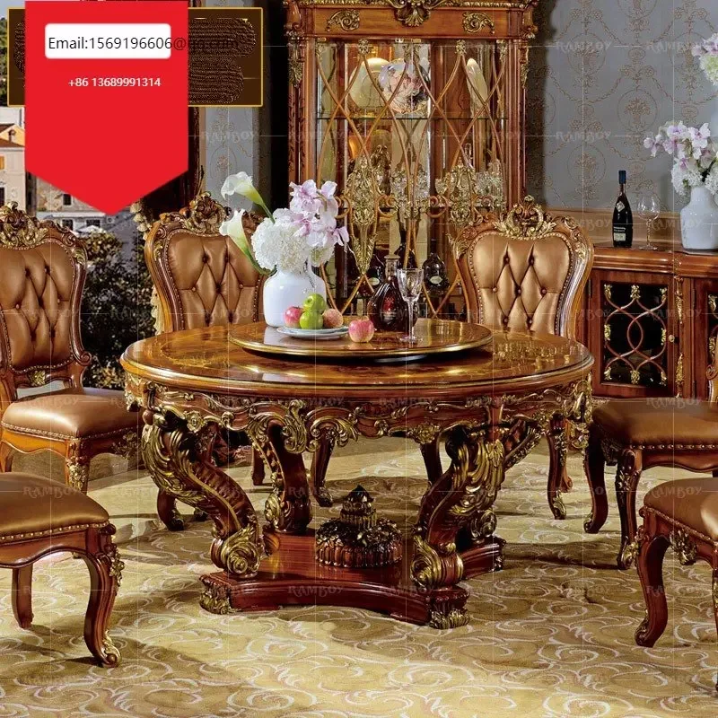 

European style table and chair combination solid wood round table deluxe restaurant round table with turntable dining chair