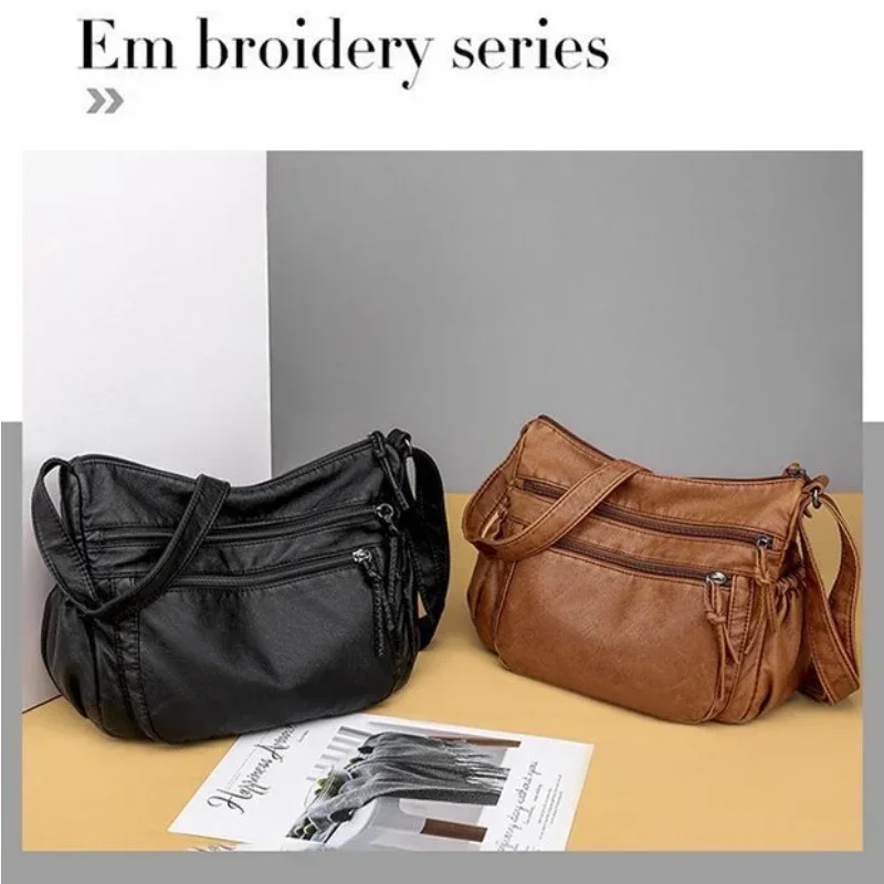 1 Pcs Large Capacity Soft Leather Women's Bag Retro ShoulderBag Simple Crossbody Bag Middle-aged Mom Ladies Messenger Bag