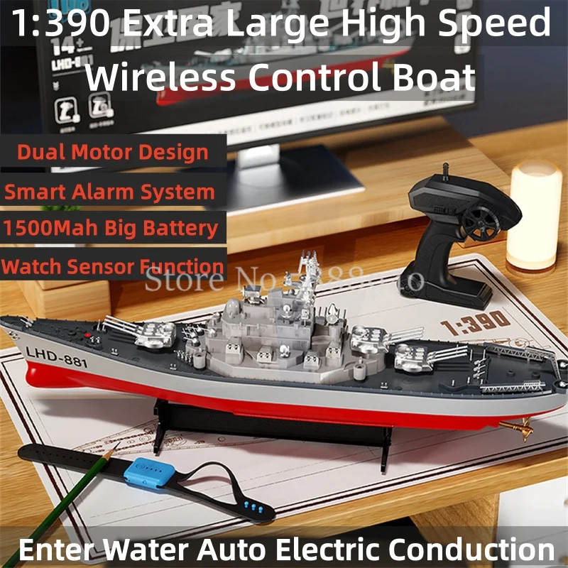 1:390 Extra Large High Speed Wireless Control Boat 2.4G Watch Sensor Smart Alarm Luce Impermeabile Rc Boat Warship Model Boy Gift