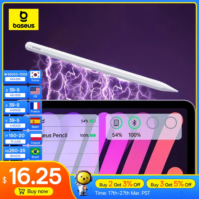 

Baseus Stylus Pens for iPad Apple Pencil 2nd Gen with Bluetooth Magnetic Wireless Charging and Tilt Sensitive Palm Rejection