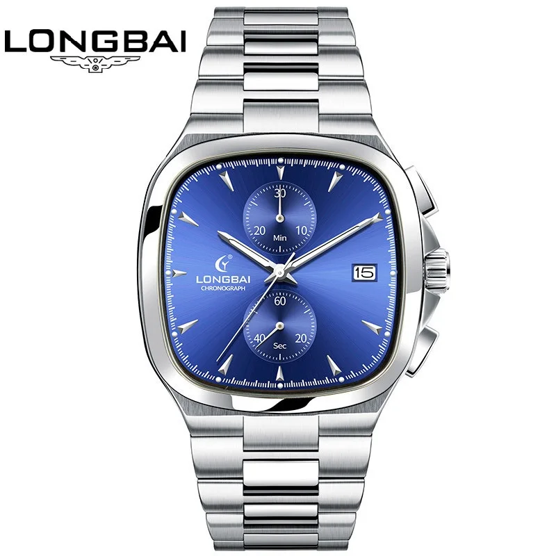 

LONGBAI Men Watch VK61 Beat Quartz Movt Stainless Steel Case SS Bracelet Swimming 5ATM waterproof Wristwatch Relogio Masculino