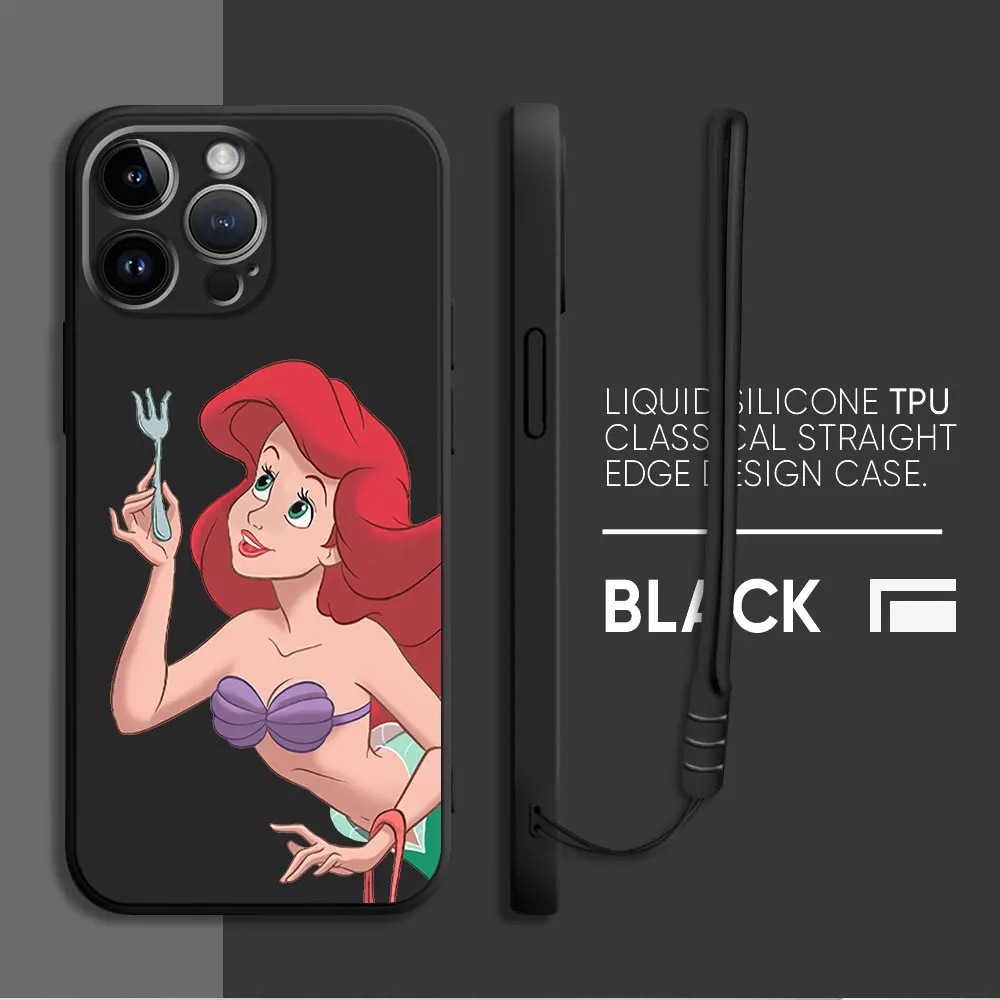 

Phone Case for iPhone 12 XR 11 Pro X 15 Plus 7 8 14 Pro Max SE XS 13 Mini Silicone Disney Ariel Princess Square Liquid Cover