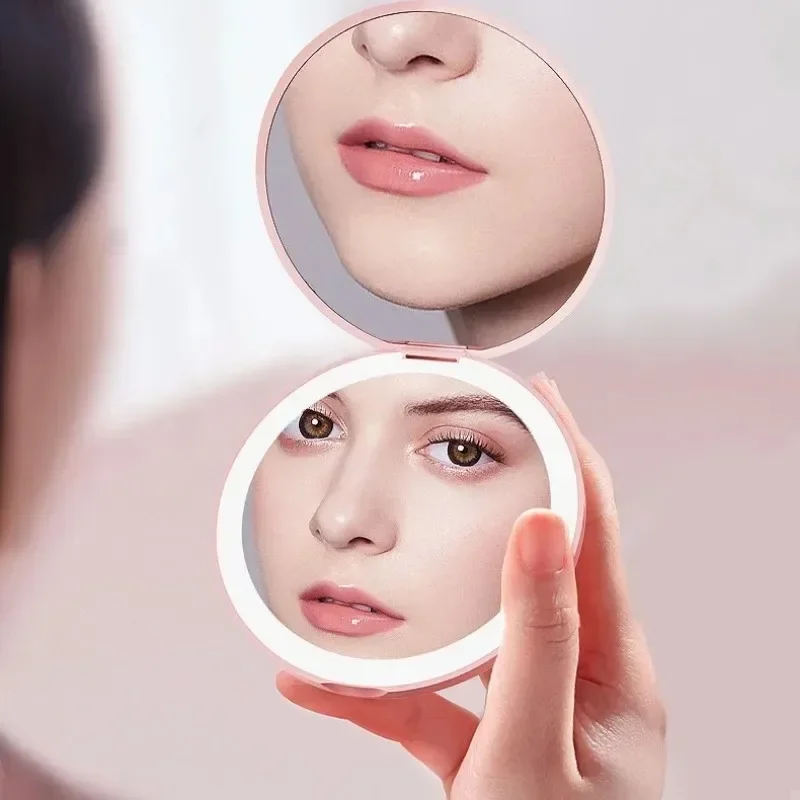미니 LED 야광 메이크업 거울, 원형 휴대용 접이식 소형 컴팩트 거울, 조명이 있는 휴대용 메이크업 확대경