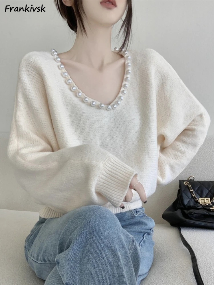 

Solid Sweaters Women Loose O-neck Pearl Autumn Winter Unique Knitwear All-match Simple Office Lady Elegant Aesthetic Popular