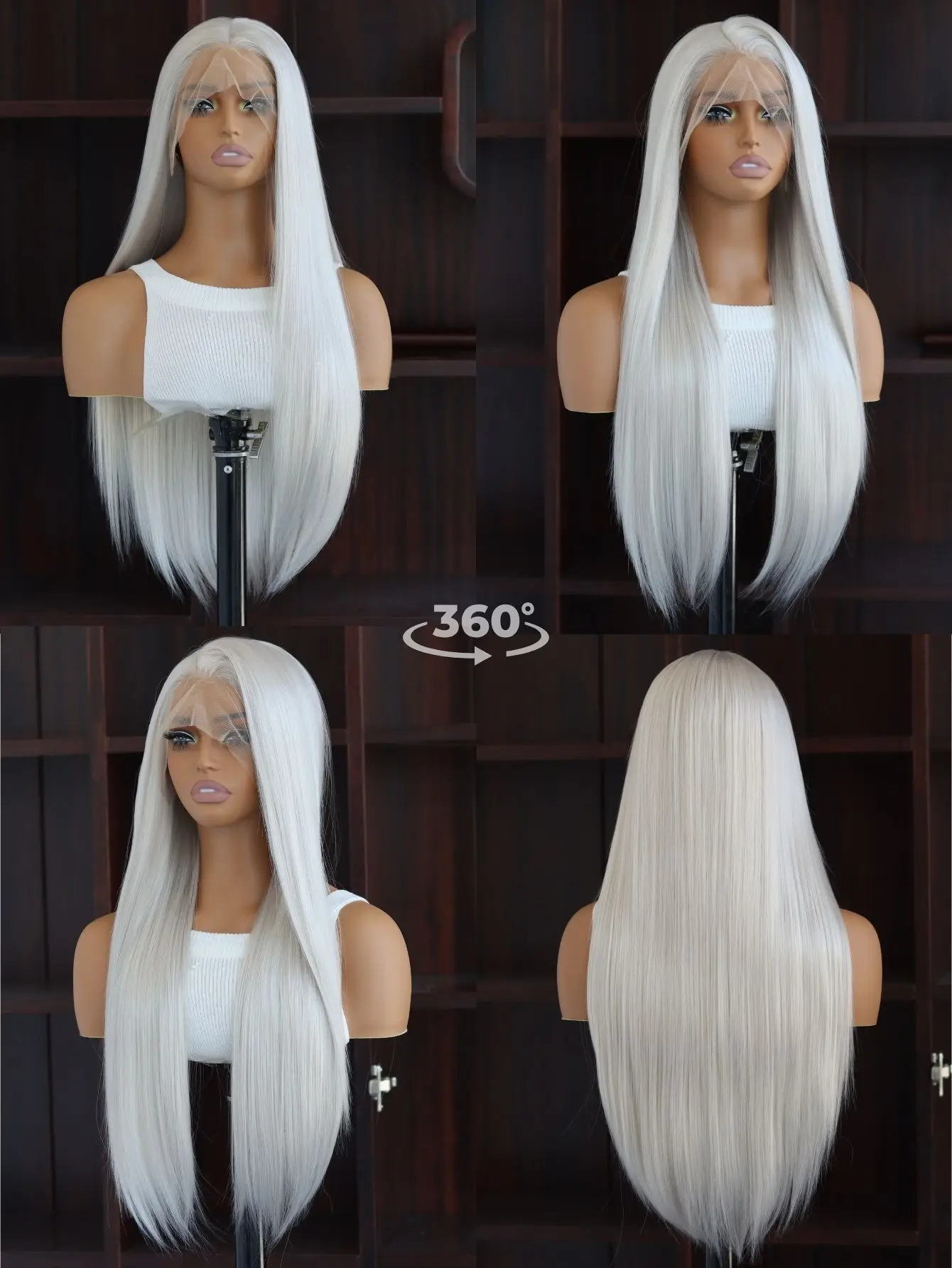 Silver Gray 13x4 Lace Front Synthetic Wigs | 24" Long Silky Straight Hair | Pre-Plucked Hairline | Heat Resistant | Daily/Party