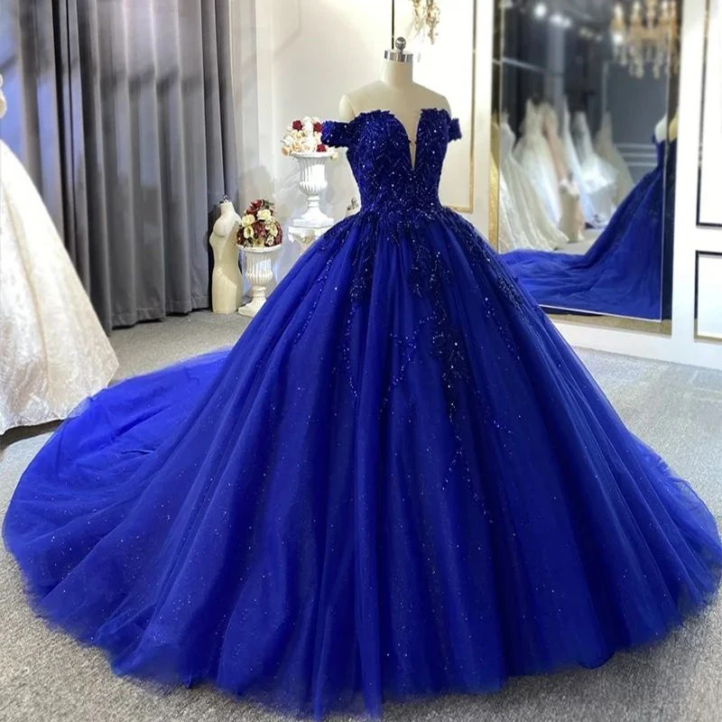 

Blue Luxury Shiny Off The Shoulder Quinceanera Dresses Lace Beading Crystal Ball Gown Sweet 15 16 Birthday Party Gown