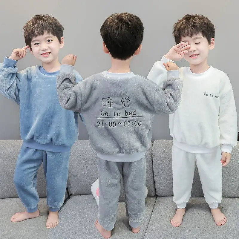 

Boys' Flannel Pajamas Autumn And Winter Baby's Fleece-lined Thickened Two-piece Set New Children's Comfortable Warm Home Clothes