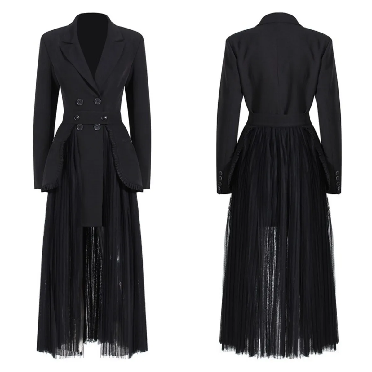 

Black Women Skirt Suit Set Elegant Long Blazer+Midi Tulle Prom Dress 2 Pieces Jacket Outfit Formal Office Lady Coat In Stock