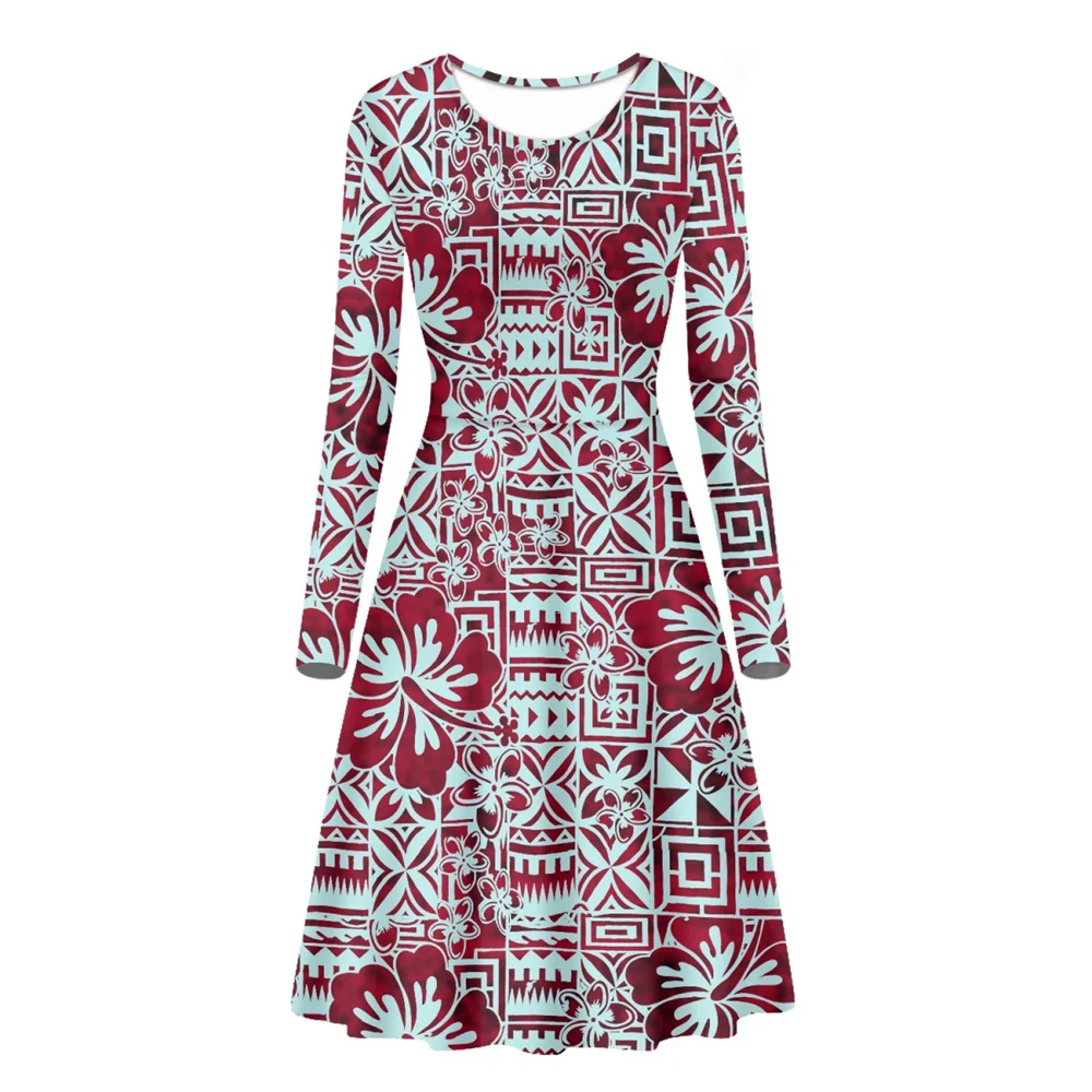 

Autumn Dresses for Women Sexy Polynesian Tribal Clothing Samoan Red Tapa Floral Print Custom Midi Long Sleeve Hawaiian Dress