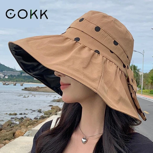 COKK Summer Hat Women Sunscreen Wide Brim With Bow Dot Pattern Fisherman Cap  Foldable Cloth Beach Bucket Hat Female Sunhat Gorro - AliExpress