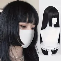 Perruque synthétique noire longue et droite naturelle avec frange, perruque de cosplay Lolita pour femmes, fibre résistante à la chaleur, perruque de fête quotidienne pour femmes 3