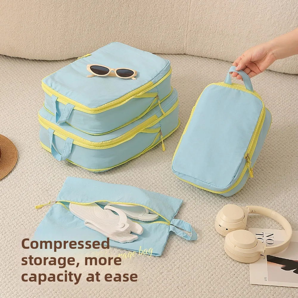 Enhanced Travel Packing Cubes Set with Shoe Bag - Yellow Taslan, Space-Saving Compression Luggage Organizers