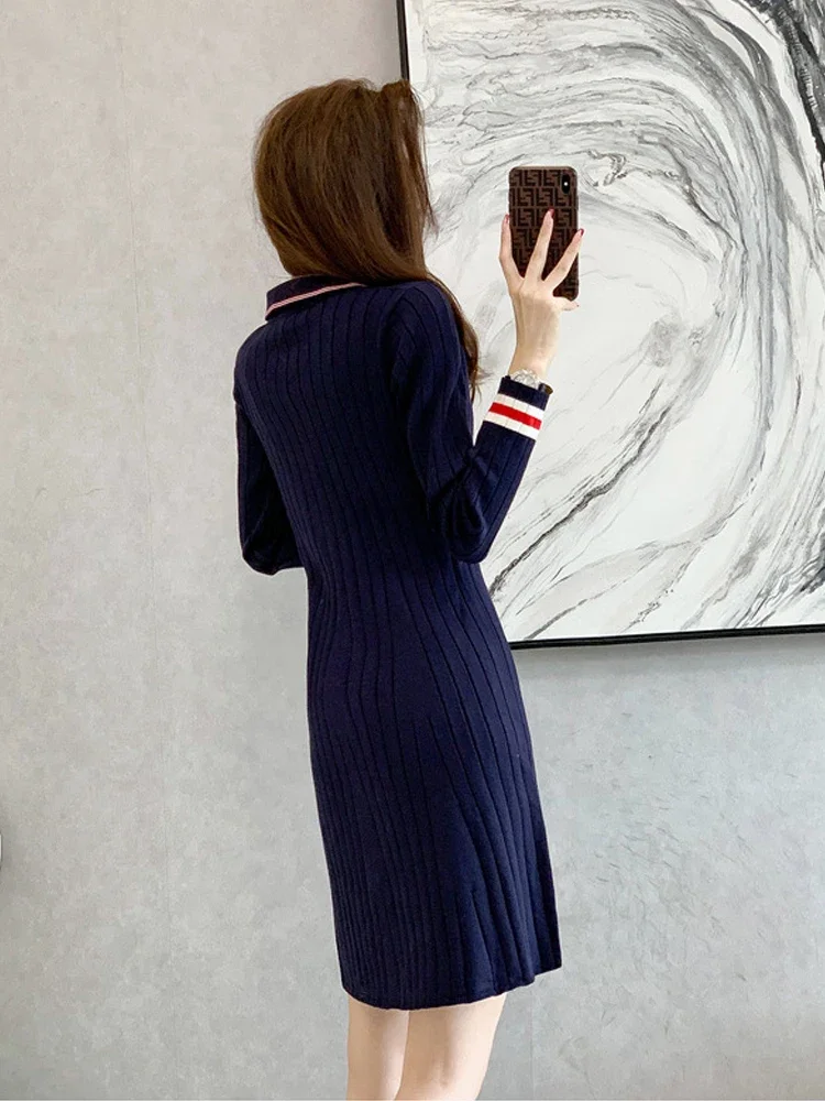 2023 new autumn and winter golf knitted dress slim fit waist lapel long-sleeved sweater dress