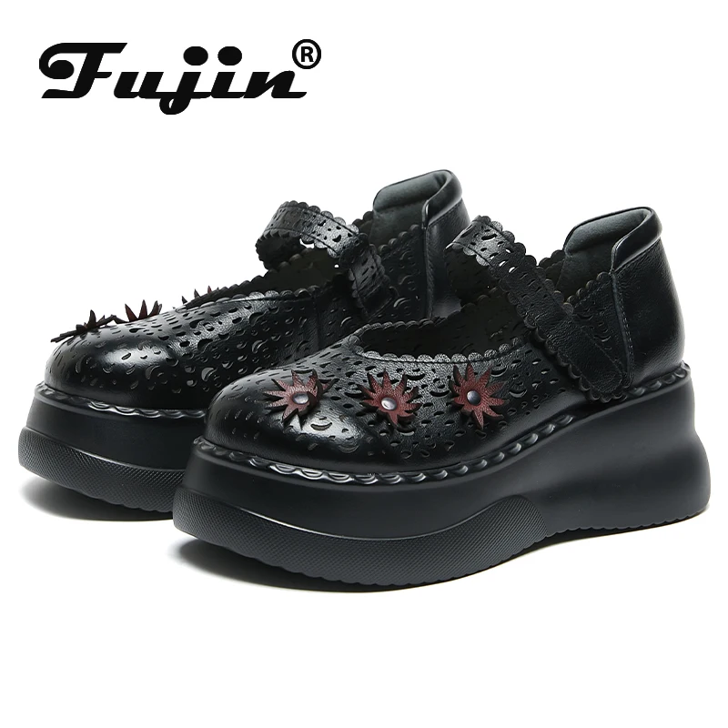 

Fujin 7cm Mary Jane Moccasins Fashion Hook Shoes Genuine Leather Heels Platform Women Flower Summer Hollow Breathable Pumps