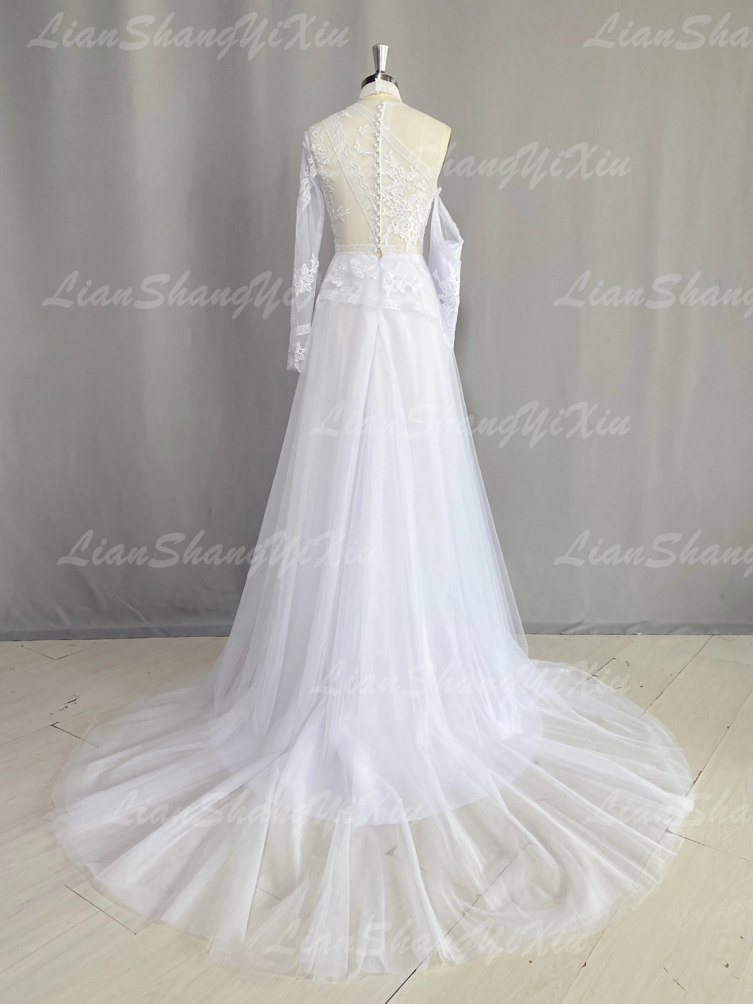 Customized Boho Long Sleeves Wedding Dresses 2025 White Dots Appliques Lace Bridal Gowns Tulle Beach Bohemian Party Floor Lenth 6