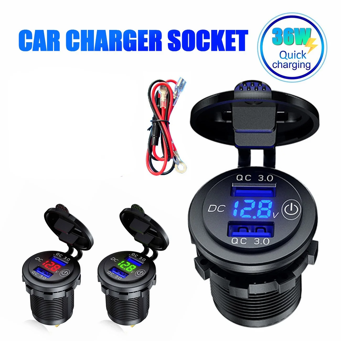 

3.0 36W USB Charger Quick Charger Motorcycle Dual Auto USB Charger Socket LED Display with Caps for Truck Boat ATV DVR GPS